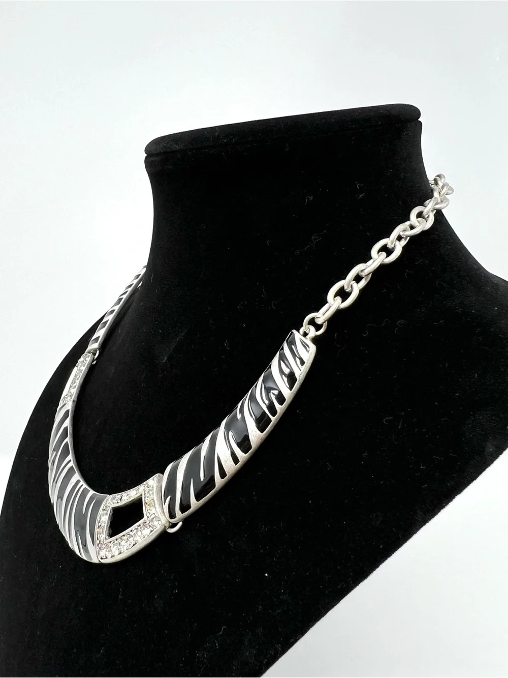 Vintage Silver Collar Necklace with Black Zebra Stripes